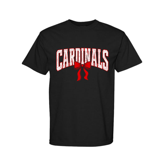 Black t-shirt with Cardinals graphic wearing a coquette bow