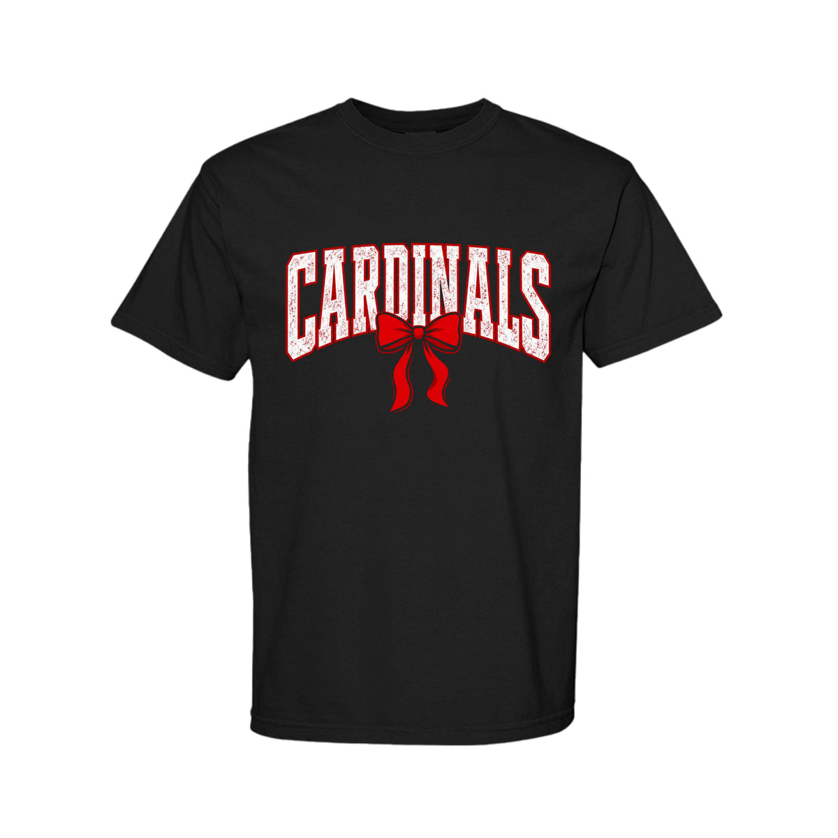 Black t-shirt with Cardinals graphic wearing a coquette bow
